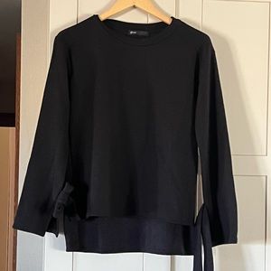 Gibson black French Terry sweater with ties on sleeves, longer in back, size XS